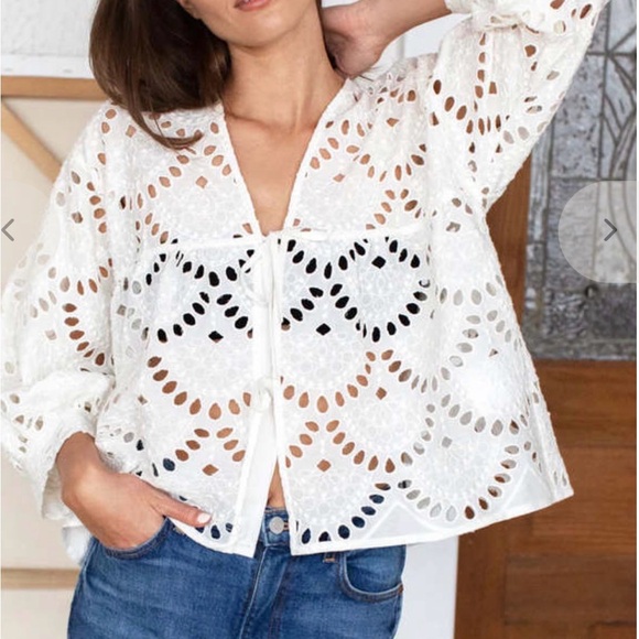 NEW Emerson Fry Ivory Eyelet Blouse Tie Top M/L Overshirt Cotton - Picture 3 of 4